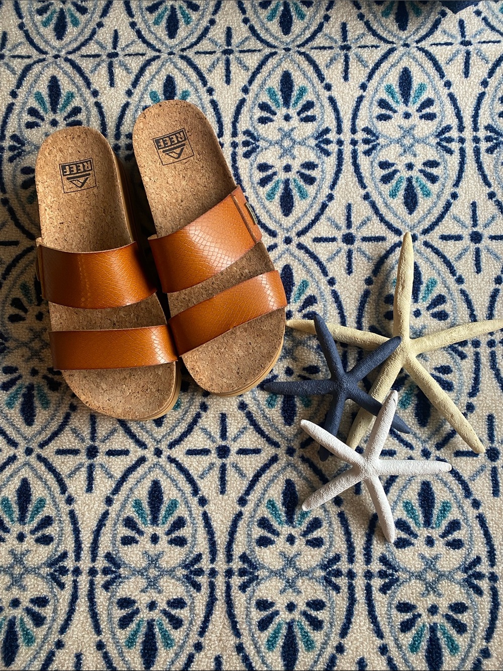 Reef Tan Double-Strap Cork Slide Sandals